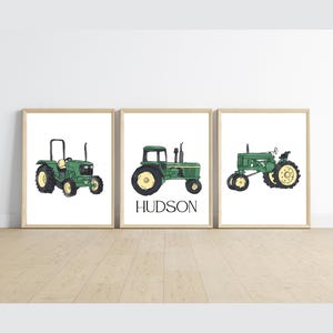 john deere vintage tractor boy room decor with name, green tractor wall art, farm country room, rustic, 11x14, set of 3, frame not included