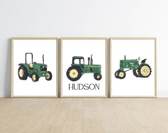 john deere vintage tractor boy room decor with name, green tractor wall art, farm country room, rustic, 11x14, set of 3, frame not included