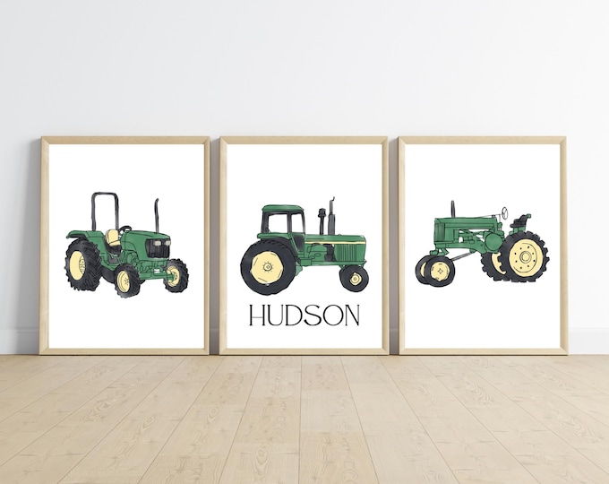 john deere vintage tractor boy room decor with name, green tractor wall art, farm country room, rustic, 11x14, set of 3, frame not included