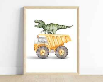 Construction dump truck with T-Rex dinosaur boy bedroom wall decor, boy bedroom wall art, dump truck and t-rex, digital download