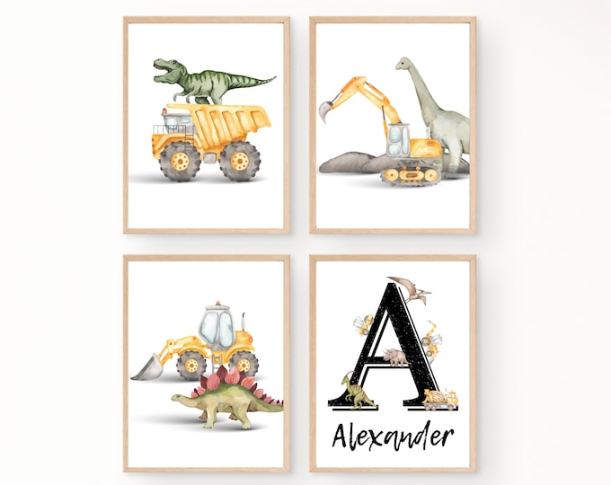 Dinosaurs and Construction trucks room decor, wall art, T-Rex, dump truck, excavator, customizable name/initial, digital download, printable