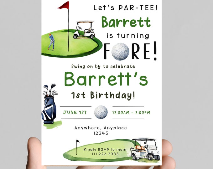 Let's PAR-TEE turning FORE birthday invitation, Fourth birthday party, golf theme, perfect for a little boy's birthday, customizable