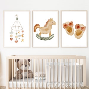 boho nursery wall art decor, vintage rocking horse, baby shoes, baby mobile stars and moon, baby girl,11x14,set of 3 digital prints included