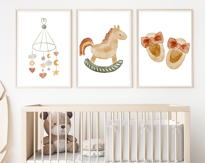 boho nursery wall art decor, vintage rocking horse, baby shoes, baby mobile stars and moon, baby girl,11x14,set of 3 digital prints included