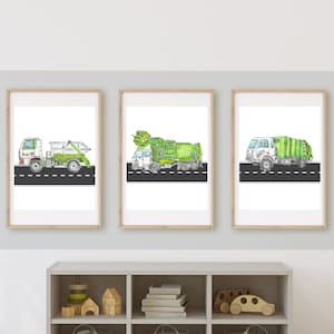 Garbage truck room decor, wall art, garbage, recycle truck, rubbage truck, 11x14, set of 3 prints included, customizable, frame not included