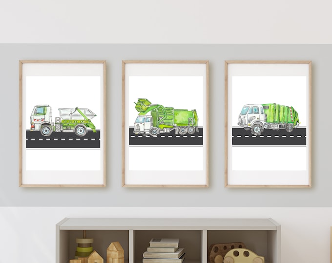 Garbage truck room decor, wall art, garbage, recycle truck, rubbage truck, 11x14, set of 3 prints included, customizable, frame not included