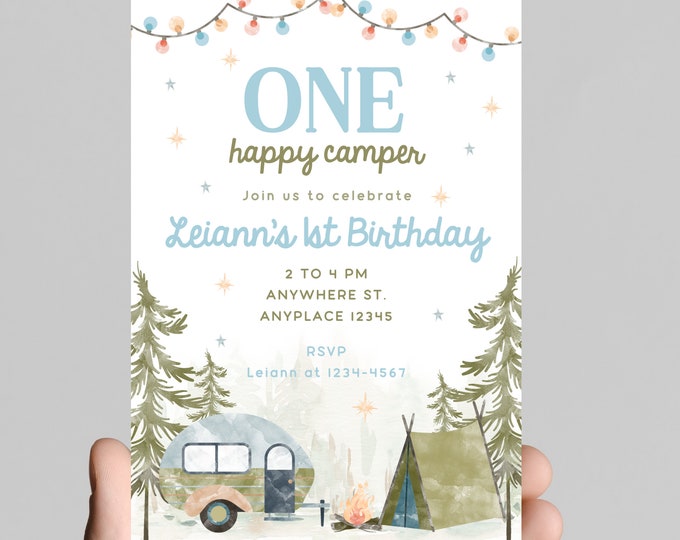ONE happy camper theme 1st birthday party invitation, camping, camper, adventure, boy first birthday, printable, digital