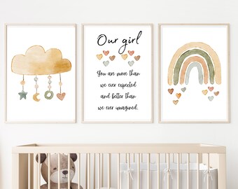 Boho Nursery Wall Art Prints, Rainbow, Cloud, Hearts (Digital Download)