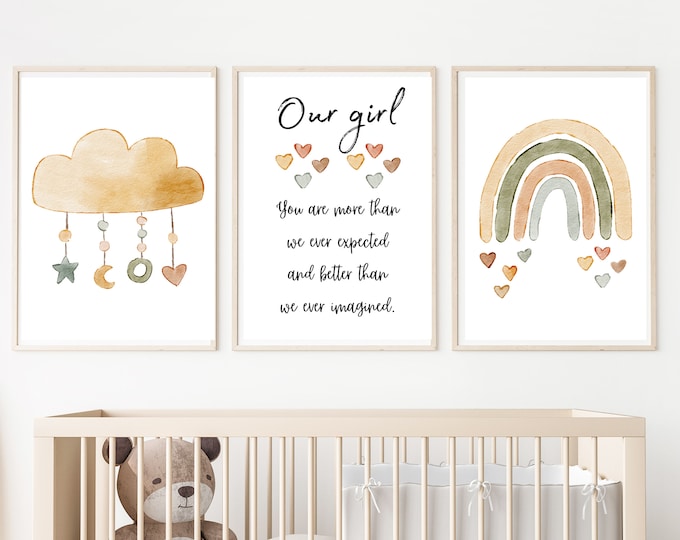 Our girl, you are more than we expected and better than we imagined, boho nursery wall art decor, girl nursery,11x14,set of 3 digital prints