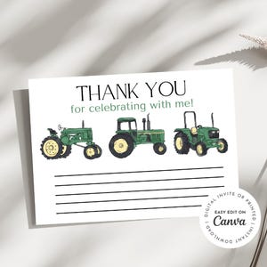 Traktor-Thema Geburtstag, Dankeskarte, John Deere-Traktor, leere Zeilen zum Beschriften, grüne Traktoren, Bauernhofleben, editierbar, druckbar