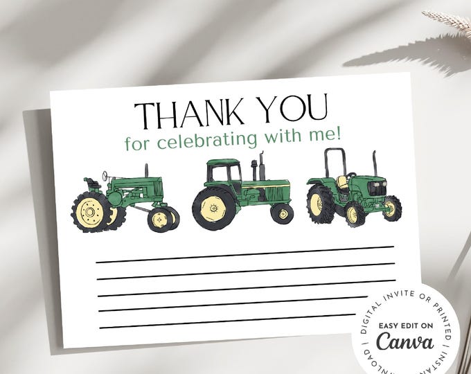 Tractor theme Birthday, Thank You card, John Deere tractor, blank lines for you to write on, green tractors, farm life, editable, printable