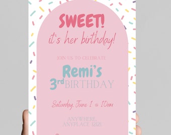 sweet! It’s her birthday! Sprinkles, ice cream cone and sweets themed birthday party invitation for little girl, editable to any age
