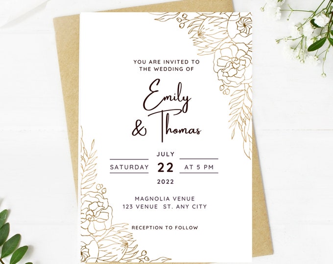 Beautiful Wedding invitation, gold floral lace, simple, minimalist, printable, editable, instant download template