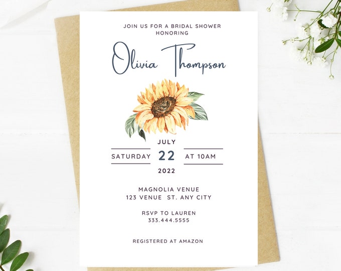Beautiful sunflower bridal shower invitation, sunflower floral, Wedding, simple, minimalist, printable, editable, instant download template