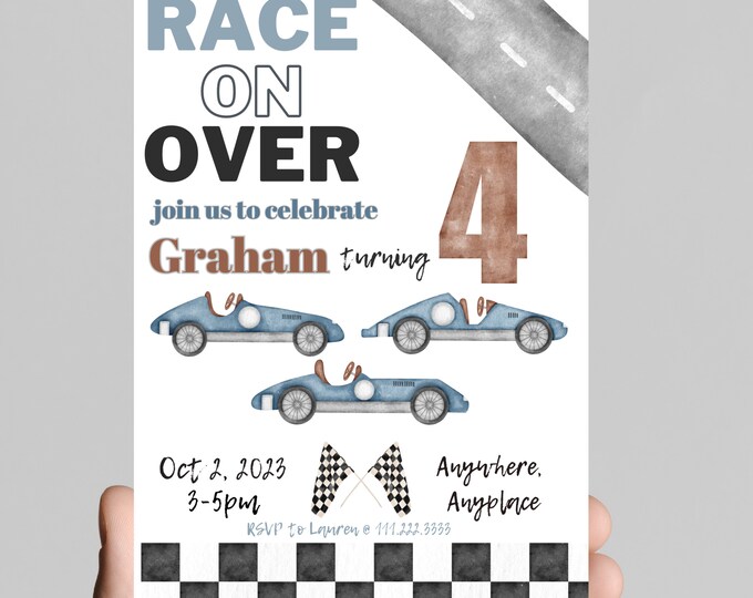 Race on over to celebrate, race car theme birthday invitation, any age, racing, race car driver, nascar, editable, printable, digital