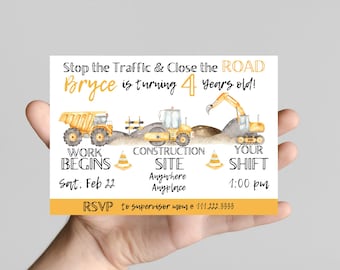 construction truck boy Birthday Invitation, stop the traffic close the road, birthday boy, dump truck, excavator, bulldozer, edit to any age