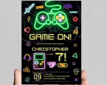 Gamer gaming birthday party invitation, neon lights, editable, printable, digital