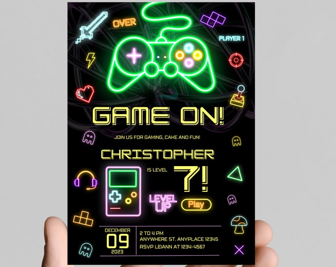 Gamer gaming birthday party invitation, neon lights, editable, printable, digital