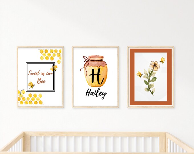 Honey bee, Baby nursery decor, baby girl, Bees, gold, Honey, wall art, 11x14, 3 prints included, customizable