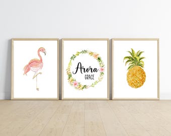 Flamingo Kinderzimmer Wandbild, Ananas, Gold Glitzer, 3er Set (Digitaler Download)