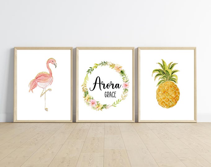 Flamingo wall art, girl nursery bedroom wall decor, flamingo, pineapple, gold glitter, tropical, 11x14, set of 3