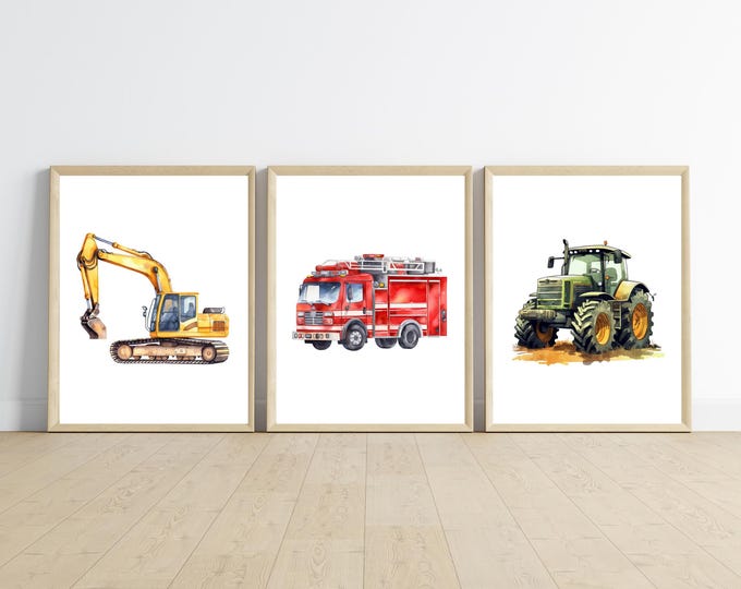 Transportation theme room decor, boy wall art, fire truck, tractor, excavator, 11x14 can be resized, set of 3 digital prints