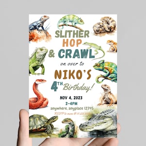 Slither, hop, and crawl on over reptile theme birthday party invitation, snakes, lizards, gator, edit to any age, printable, digital