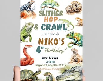 Slither, hop, and crawl on over reptile theme birthday party invitation, snakes, lizards, gator, edit to any age, printable, digital