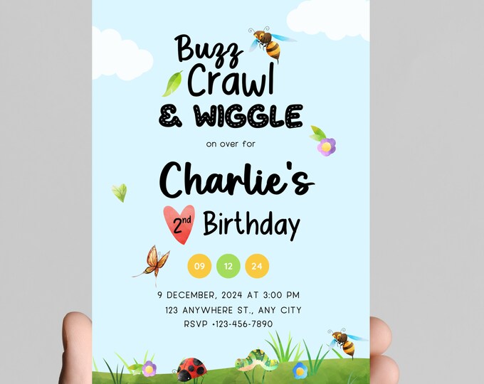 Adorable bug and insect theme birthday party invitation, buzz crawl and wiggle on over, hungry little caterpillar, edit to any age