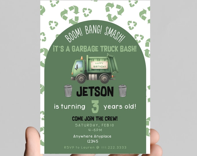 Boom, bang, crash, Garbage truck theme birthday Invitation, rubbage truck, recycle truck, celebrate the birthday boy! Editable, printable