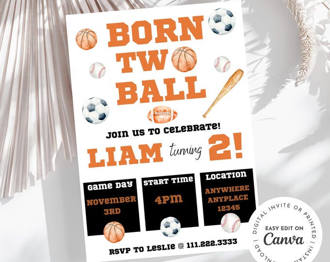 Born to ball Sports theme 2nd birthday invitation, second birthday party, sports, boy birthday, customizable, printable or digital