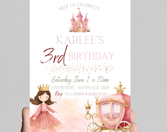 Princess theme birthday invitation, Princess castle, carriage, gold glitter, pink Princess, little girl birthday party, customizable