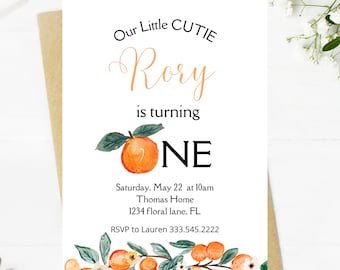 Our little cutie is turning one birthday invitation, little orange, clementine, tangerine, cutie themed birthday party, first birthday party