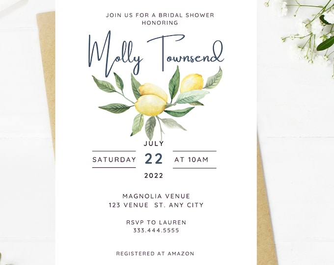 Beautiful lemon bridal shower invitation, lemon floral, Wedding, simple, minimalist, printable, editable, instant download template