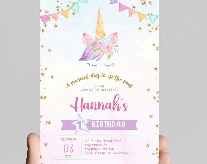 Rainbow Unicorn magical day girl’s birthday invitation, watercolor, sparkle, girl birthday party, digital, edit any age and print