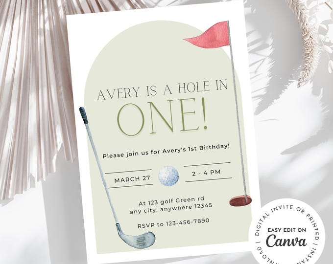 hole in ONE birthday invitation, first birthday party, golf theme, perfect for a little boy's first birthday, customizable