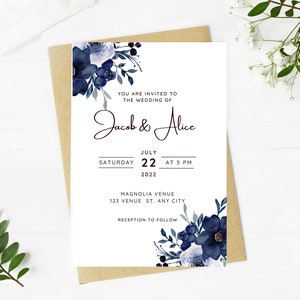 Beautiful Wedding invitation, dusty blue floral, Wedding, blue floral, navy, printable, editable, instant download template, e-card, Bridal