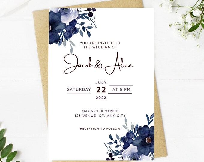 Beautiful Wedding invitation, dusty blue floral, Wedding, blue floral, navy, printable, editable, instant download template, e-card, Bridal