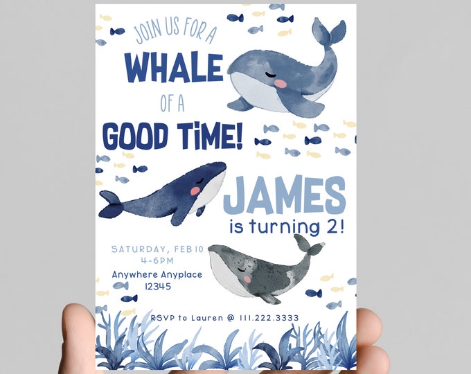 Splish splash Whale of a  time! theme birthday party invitation, edit to any age, deep sea, ocean