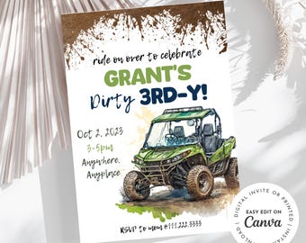 Dirty 3rd-y muddy ATV side by side theme 3rd birthday boy invitation, easily edit and add details, dirt, mud, printable, digital