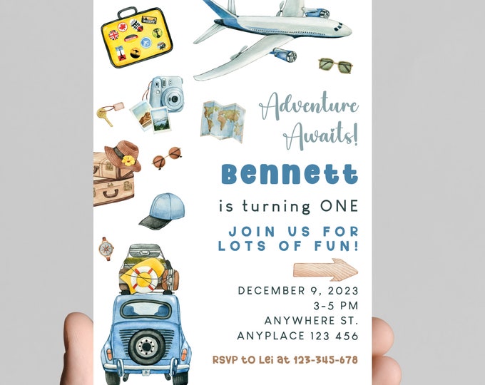 ONE-derful adventure, vintage world travel theme 1st birthday party invitation, wonderful world, boy first birthday, printable, digital