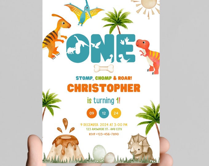 Stop Chomp Roar! Party like a dinosaur birthday party invitation, colorful baby dinos, 5x7in, customizable digital download