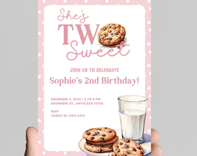 Two sweet! Milk and cookies theme 2nd birthday invitation, bakery sweets themed invitation for little one, chocolate chip cookies, printable