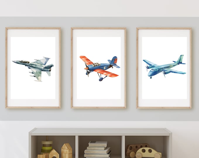 vintage airplane boy room decor, wall art, airplanes, 11x14, set of 3 digital downloads included, frame not included