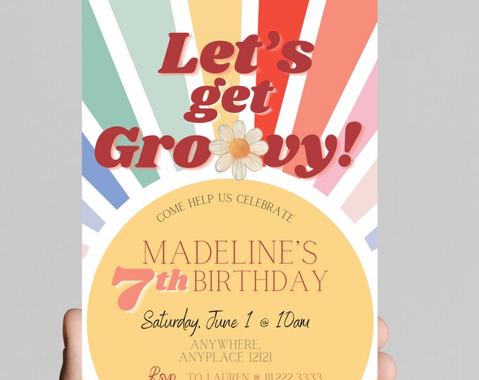 Let’s get groovy, retro, 70’s, throwback, daisy, boho, sun beam, groovy hippie girl birthday invitation themed, edit any age, printable