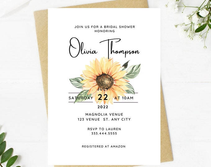 Beautiful sunflower bridal shower invitation, sunflower floral, Wedding, simple, minimalist, printable, editable, instant download template