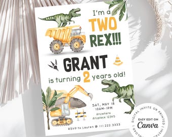 Two Rex, T-Rex dinosaur and Construction truck theme 2nd Birthday Invitation, I’m a two-Rex! Boy birthday dump truck, excavator, dino