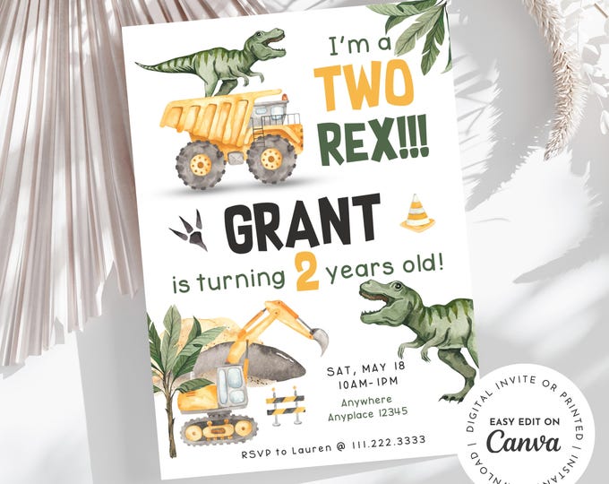 Two Rex, T-Rex dinosaur and Construction truck theme 2nd Birthday Invitation, I’m a two-Rex! Boy birthday dump truck, excavator, dino