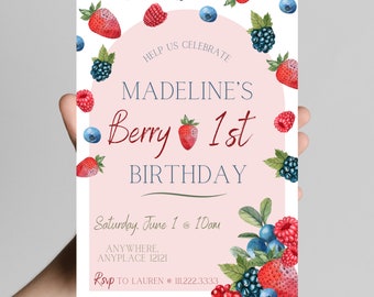 Berry First birthday themed berry birthday invitation themed girl birthday party, strawberries, sweet girl, first birthday, sweet ONE