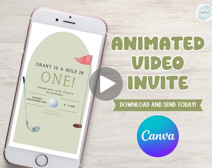 hole in ONE birthday video invitation, first birthday party, golf theme, perfect for a little boy's first birthday, customizable